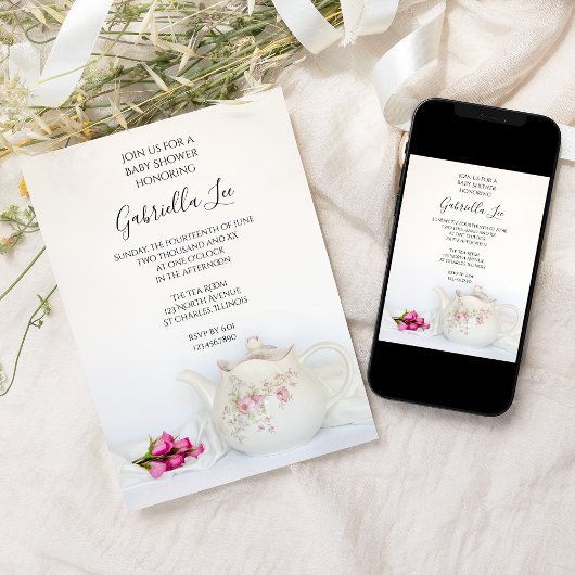 ピンクのバラとティーポット赤ちゃんシャワー 招待状