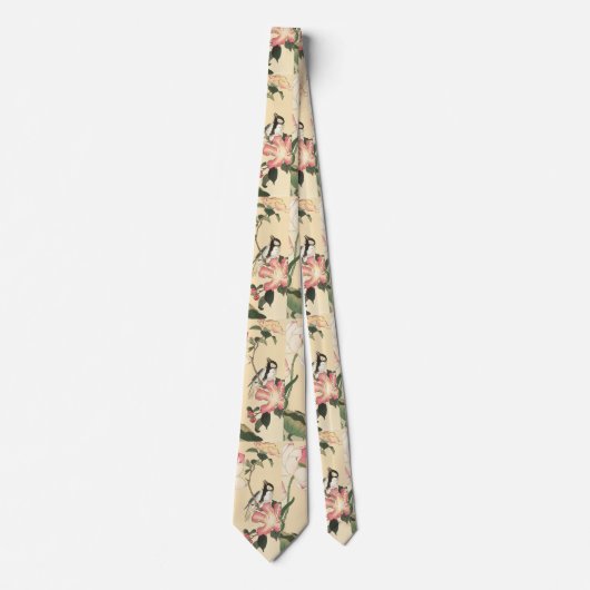 ピンクのバラとハスの花を持つ小鳥 ネクタイ (正面)