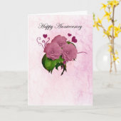 ピンクのバラとハート付き記念日カード カード (黄色い花)