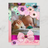 ピンクのバラとバウのベビーシャワー写真テンプレート 招待状 (正面/裏面)