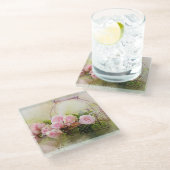 ピンクのバラとバスケット ガラスコースター (アングル)