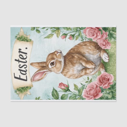 ピンクのバラとバナーを持つ愛らしいイースターバニー 薄葉紙 (正面)