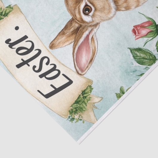 ピンクのバラとバナーを持つ愛らしいイースターバニー 薄葉紙 (詳細)