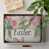 ピンクのバラとバナーを持つ愛らしいイースターバニー 薄葉紙 (ギフト)
