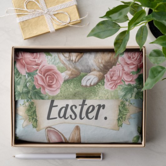 ピンクのバラとバナーを持つ愛らしいイースターバニー 薄葉紙 (ギフト)