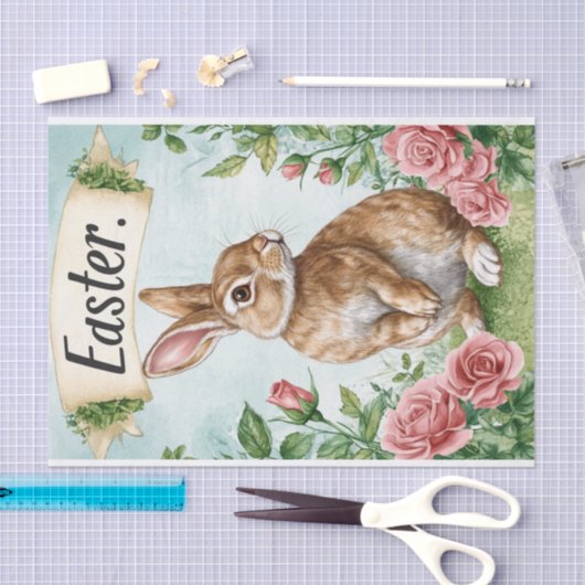 ピンクのバラとバナーを持つ愛らしいイースターバニー 薄葉紙 (クラフト)