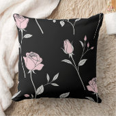 ピンクのバラとバラの芽を持つ黒 クッション (ブランケット)