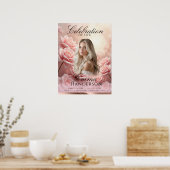 ピンクのバラとバラ金ゴールド葬儀ウェルカムサイン ポスター (キッチン)