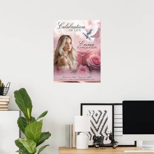 ピンクのバラとバラ金ゴールド葬儀ウェルカムサイン ポスター (ホームオフィス)