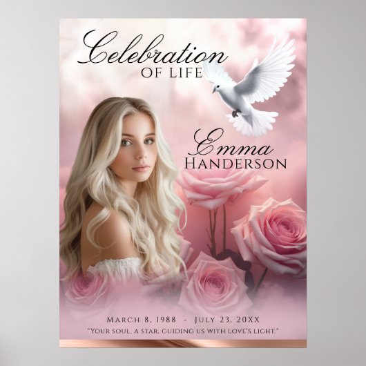 ピンクのバラとバラ金ゴールド葬儀ウェルカムサイン ポスター (正面)