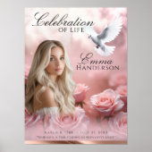 ピンクのバラとバラ金ゴールド葬儀ウェルカムサイン ポスター (正面)