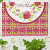 ピンクのバラとパターン(の模様が)ある キッチンタオル (折り畳み)