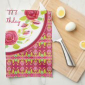 ピンクのバラとパターン(の模様が)ある キッチンタオル (四つ折り)