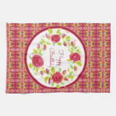 ピンクのバラとパターン(の模様が)ある キッチンタオル (横)