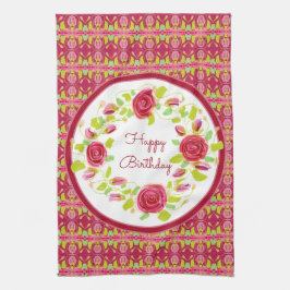 ピンクのバラとパターン（の模様が）ある キッチンタオル