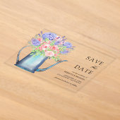 ピンクのバラとパープルのアジサイの結婚式 結婚式の延期・日程変更のお知らせカード アクリル招待状 (レイダウン)