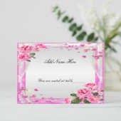 ピンクのバラとパールのテーブルプレイスカード 招待状 (スタンド正面)