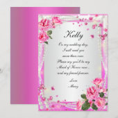 ピンクのバラとパールのメイド・オブ・オナー・カード 招待状 (正面/裏面)