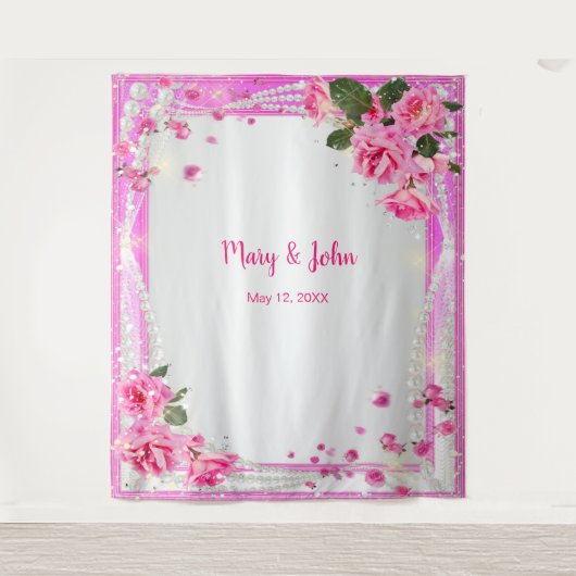 ピンクのバラとパールの結婚式バックドロップ タペストリー (正面)