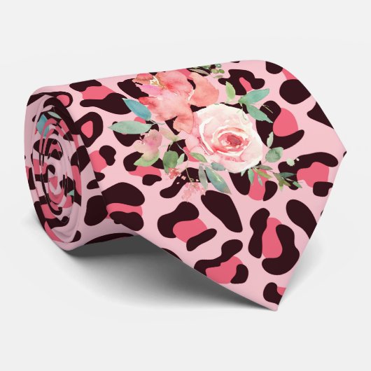 ピンクのバラとヒョウ柄パンクロックネックタイ ネクタイ (ロール)