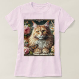 ピンクのバラとビクトリア調のオレンジ色のメインクーン Tシャツ
