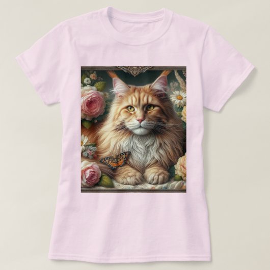ピンクのバラとビクトリア調のオレンジ色のメインクーン Tシャツ (デザイン正面)