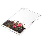ピンクのバラとピンクの水玉模様が黒縁どく ノートパッド (アングル)