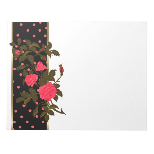 ピンクのバラとピンクの水玉模様が黒縁どく ノートパッド (正面)