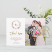 ピンクのバラとフェイク金ゴールドスクリプト |写真結婚の サンキューカード (スタンド正面)