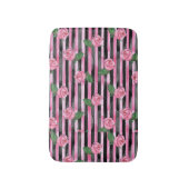 ピンクのバラとブラックストライプのバスラグ バスマット (正面縦)