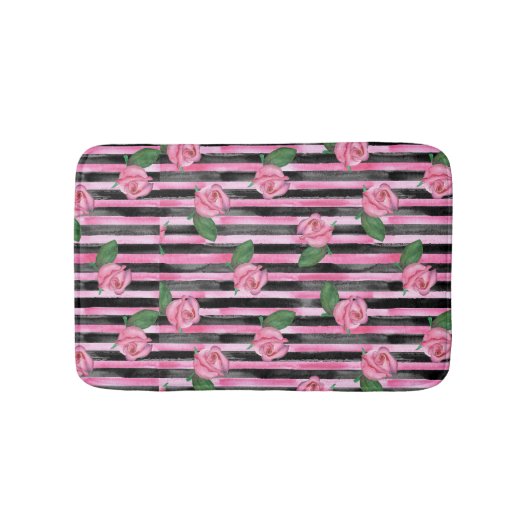 ピンクのバラとブラックストライプのバスラグ バスマット (正面)