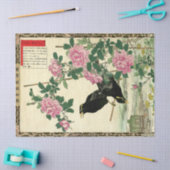 ピンクのバラとブラックバードオリエンタルデコップページ 薄葉紙 (クラフト)