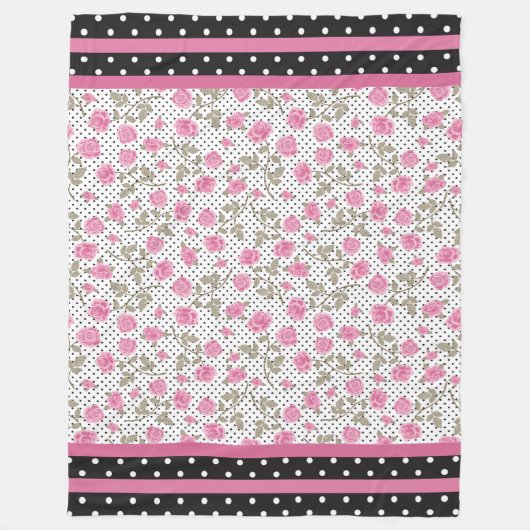 ピンクのバラとブラック水玉模様 フリースブランケット (正面)