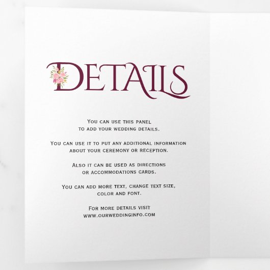 ピンクのバラとブルゴーニュのアンパ結婚サンド 三つ折り招待状 (内部最初)