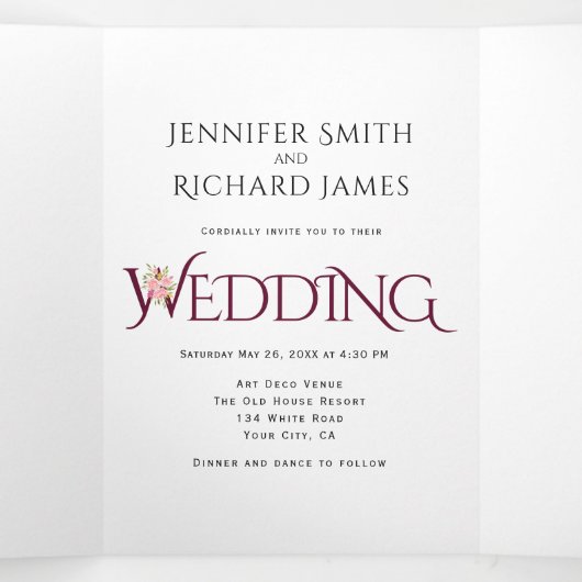 ピンクのバラとブルゴーニュのアンパ結婚サンド 三つ折り招待状 (内部中)