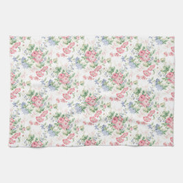 ピンクのバラとブルーの花のチンツ キッチンタオル