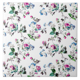 ピンクのバラとブルーフラワーズフローラデザイン タイル