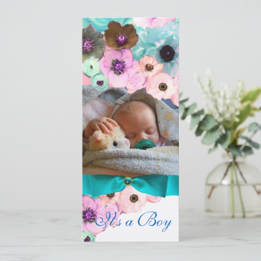 ピンクのバラとブルーボウ写真テンプレートモノグラム 招待状 (スタンド正面)