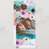 ピンクのバラとブルーボウ写真テンプレートモノグラム 招待状 (正面/裏面)