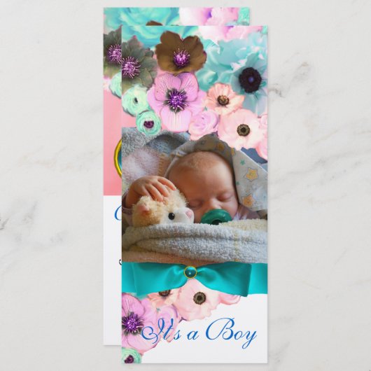 ピンクのバラとブルーボウ写真テンプレートモノグラム 招待状 (正面/裏面)