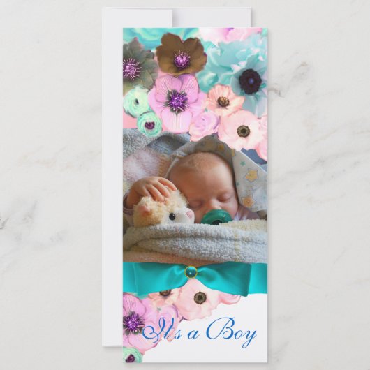 ピンクのバラとブルーボウ写真テンプレートモノグラム 招待状 (正面)