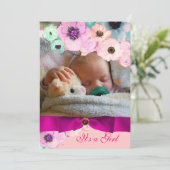 ピンクのバラとブルーボウ写真テンプレートモノグラム 招待状 (スタンド正面)