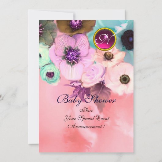 ピンクのバラとブルーボウ写真テンプレートモノグラム 招待状 (裏面)