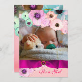 ピンクのバラとブルーボウ写真テンプレートモノグラム 招待状 (正面/裏面)