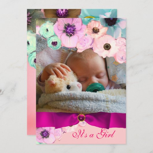 ピンクのバラとブルーボウ写真テンプレートモノグラム 招待状 (正面/裏面)