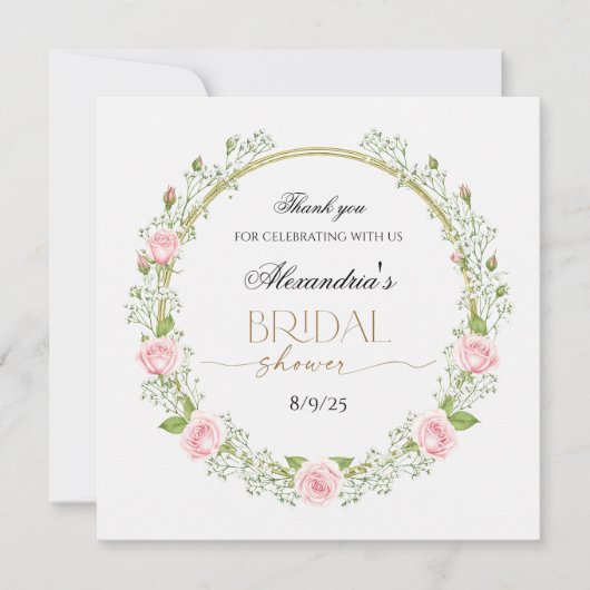 ピンクのバラとベイビーズブレスに感謝 サンキューカード (正面)