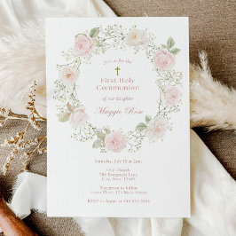 ピンクのバラとベビーの息の最初の神聖な聖餐式 招待状