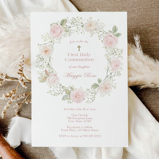 ピンクのバラとベビーの息の最初の神聖な聖餐式 招待状