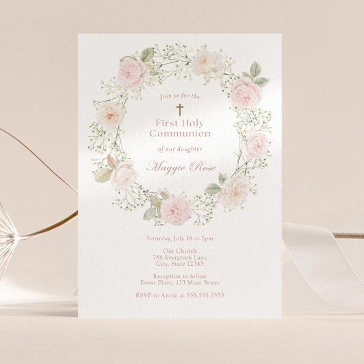ピンクのバラとベビーの息の最初の神聖な聖餐式 招待状