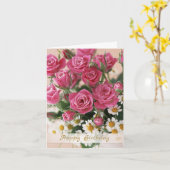 ピンクのバラとホワイトデイジー誕生日 カード (黄色い花)